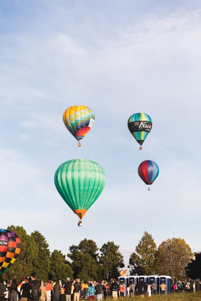 Exciting hot air balloon festival in Hamilton, New Zealand with colorful balloons and a lively crowd.